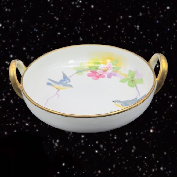 Hand Painted Nippon Fine Porcelain Dish Bowl Flower Bird Two Handled Vintage - Picture 11 of 14